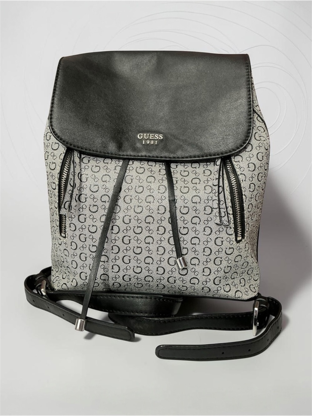 GUESS Black & Gray Signature Logo Drawstring Backpack